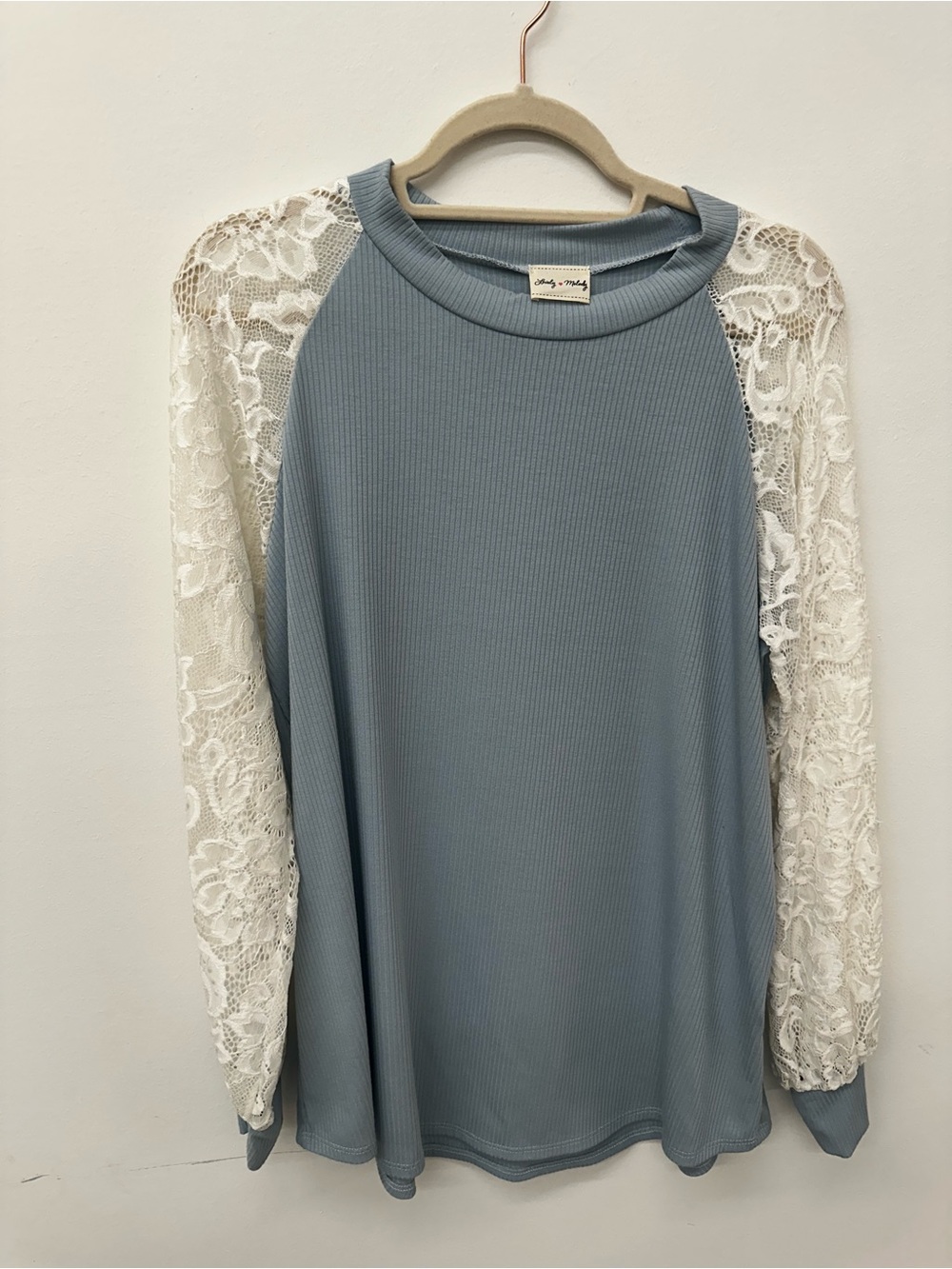 Lovely Melody Dusty Blue Ribbed Top with White Lace Sleeves
